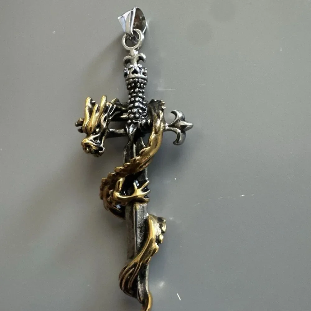Dagger Sword Dragon Pendant 24” Chain Stainless Steel Viking Gothic Gift Vintage